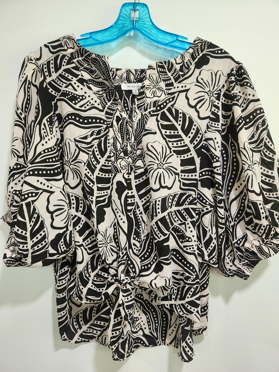 Rose & Olive Tops - Rose & Olive Black and Cream Floral Tie-Front Blouse